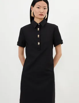 Women's Techno Cotton Woven Short Shirt Dress With Gold Clasp in Black Size: 14 - Black - Size: 14 - Karen millen - FashionsVida