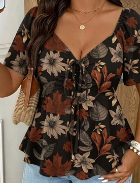 Camiseta de uso diario versátil y casual con estampado floral para mujer talla grande 2XL - Shein - FashionsVida