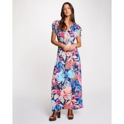 Vestido largo con escote pico y estampado floral
