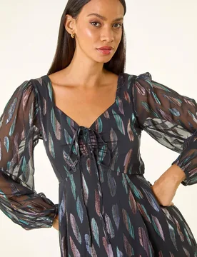 Women's Foil Print Tie Front Fit & Flare Dress in Black Size: 16 - Black - Size: 16 - Dusk - FashionsVida