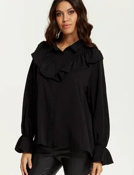 Women's Oversized Frill Detailed Long Sleeves Shirt in Black Size: 12-14 - Black - Size: 12-14 - HOXTON GAL - FashionsVida