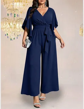 Mono de línea A con cintura anudada, mangas acampanadas y ajuste ceñido, de unicolor, para mujer de talla grande. Elegante y casual para uso diario. - Shein - FashionsVida