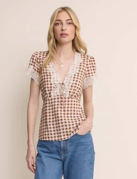Gingham Lace Trim Blouse Brown female - Nobody's Child - FashionsVida