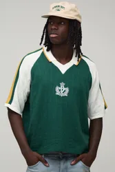 Mens Boxy Varsity Embroidered Raglan Knitted Polo - Green - Size X-Small