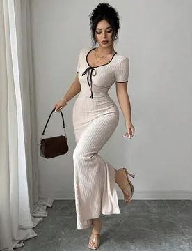 Vestido largo ajustado de manga corta con diseño de lazo en la cintura y cuello de corazón elegante y romántico en color albaricoque, para primaver - Shein - FashionsVida