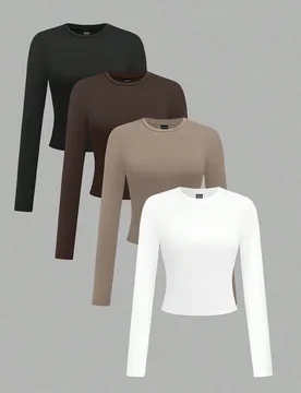 Set de 4 camisetas de mujer de estilo corto, cuello redondo, manga larga, unicolor, para otoño/invierno S - Shein - FashionsVida