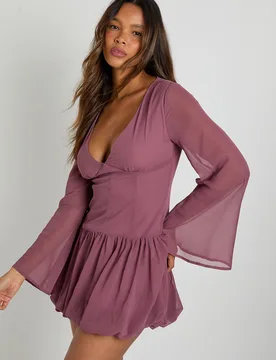 Womens Chiffon Drop Waist Puff Ball Mini Dress - Rose - Size 14 Uk - Boohoo - FashionsVida