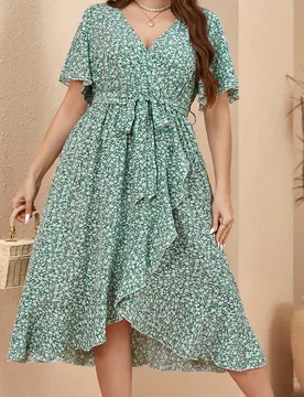 Vestido de verano con escote en V, manga abullonada y estampado floral en talla grande para mujer 3XL - Shein - FashionsVida