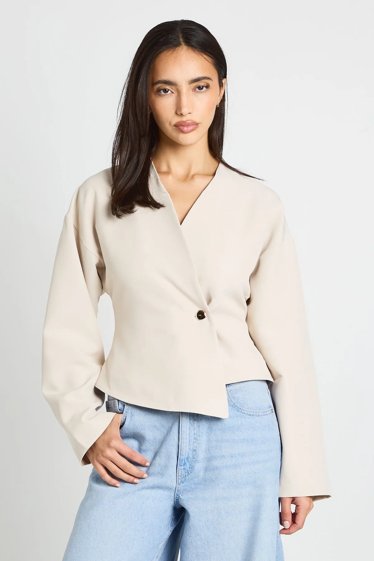 Womens Gold Button Long Sleeve Wrap Top - Ecru - Size 14 Uk - Boohoo - FashionsVida