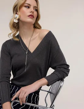 Jersey de mujer escote en pico en hilo lurex ajuste regular - Motivi - FashionsVida