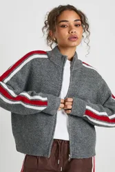Womens Chunky Knit Zip Through Knitted Jumper - Grey - Size Small