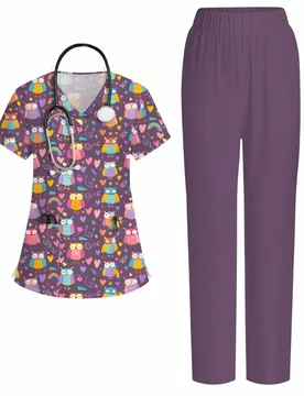 Conjunto de uniforme de enfermera de dibujos animados con top de manga corta y pantalones, traje de quirófano para mujeres M - Shein - FashionsVida