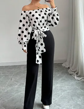 Mono de manga larga con hombros descubiertos, estampado de lunares en toda la prenda, para mujer L - Shein - FashionsVida