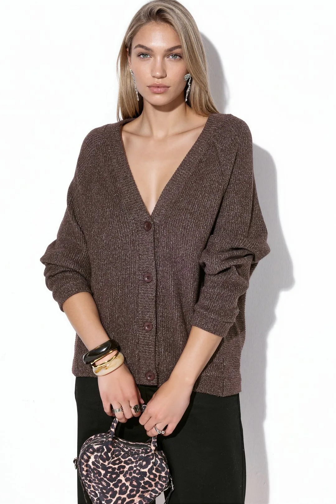 Womens Ribbed V-Neck Button Cardigan - Mocha - Size Medium - Busem - FashionsVida