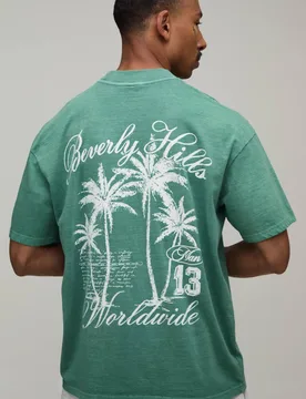 Herren Übergroßes Beverly Hills Palmen Gewaschenes Oberteil Green Größe 3XL - boohooMAN - FashionsVida