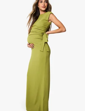 Womens Maternity Rib Tie Detail Maxi Dress - Green - Size 16 Uk - Boohoo - FashionsVida