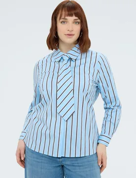 Camisa de mujer de rayas con corbatita mangas largas con puños y cierre con botones - Fiorella Rubino - FashionsVida