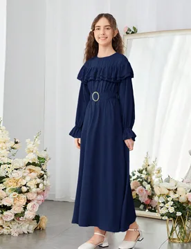 Vestido casual con mangas largas, cuello con volantes y unicolor tejido para chicas adolescentes 14Y - Shein - FashionsVida