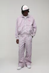 Mens Oversized Boxy Check Nylon Funnel Zip Tracksuit - Pink - Size Large