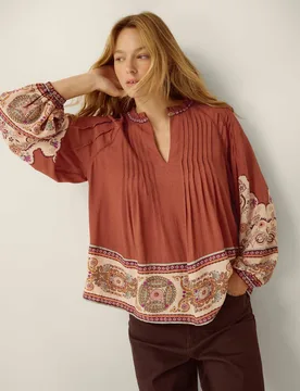 Printed Pintuck Blouse Brown Mix female - Monsoon - FashionsVida