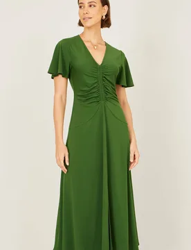 Women's Green Ruched Front Stretch Midi Dress Size: 12 - Green - Size: 12 - Yumi - FashionsVida