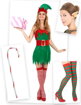 Elfen-Kostümset für Damen Weihnachtskostüm 6-teilig rot-grün - female - BCI - FashionsVida