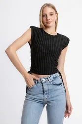 Womens Striped Round Neck Ruched Sides Drawstring Blouse - Black - Size Small