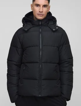 Herren Tall Regular Fit Kapuzen-Pufferjacke in mattem Schwarz Black Größe Medium - boohooMAN - FashionsVida