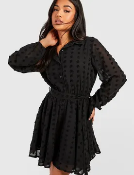 Womens Petite Dobby Belted Skater Dress - Black - Size 6 Uk - Boohoo - FashionsVida