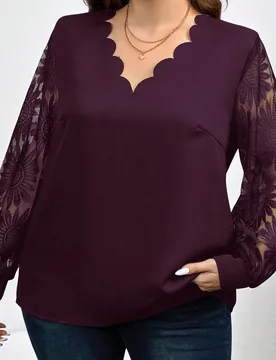 Blusa de mujer talla grande con cuello en V, parches de encaje y estampado de girasol, primavera 3XL - Shein - FashionsVida
