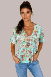 Womens Floral Short Sleeve V Neck Blouse - Green Viscose - Size 10 Uk