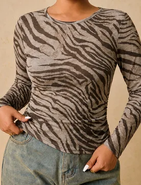 Camiseta de manga larga con estampado de cebra para mujer talla grande 0XL - Shein - FashionsVida