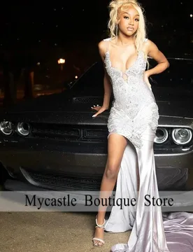 Luxury Crystal Prom Dresses for Women Satin Mermaid Evening Party Gowns Customized Side Slit Sleeveless Sexy Evening Dresses - Aliexpress - FashionsVida