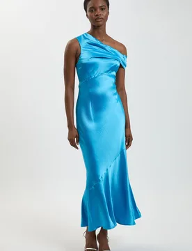 Womens Viscose Satin Asymmetric Shoulder Maxi Dress - Blue - Size 12 Uk - Karen millen - FashionsVida