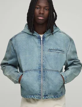Herren Essentieller Kastiger Übergroßer Durchgehend Reißverschluss Jeans Hosenstoff Kapuzenpullover Stonewash Größe 5XL - boohooMAN - FashionsVida
