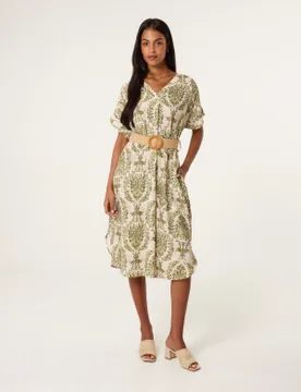 Printed V Neck Dress With Woven Belt - S/M / KHAKI - female - Blue Vanilla - FashionsVida