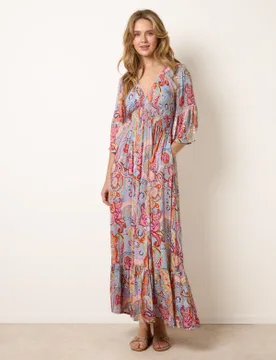 Paisley Print V Neck Maxi Dress - M/L / MULTI - female - Blue Vanilla - FashionsVida