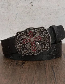 Pieza Cinturón casual de hombre con hebilla de metal en estilo retro occidental Y2K, con patrón floral en relieve asimétrico burdeos, adecuado para - Shein - FashionsVida