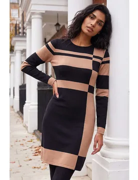 Colour Block Knitted Jumper Dress Camel female - Roman - FashionsVida