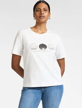 Camiseta de mujer de algodón estampada con perlas ajuste regular con mangas cortas y cuello redondo - Elena Miró - FashionsVida