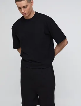 Mens Oversized Boxy T-Shirt & Drop Crotch Shorts Set - Black Cotton - Size Medium - boohooMAN - FashionsVida