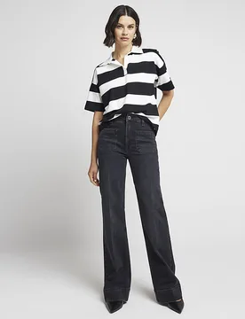 Womens Wide Leg Jeans Black High Waisted Pocket Cotton - Size 14 Short - River Island - FashionsVida