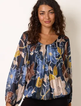Long Sleeve Metallic Round Neck Blouse - M/L / NAVY/MUSTARD - female - Blue Vanilla - FashionsVida