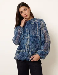 High Neck Paisley Print Puffball Top - M / NAVY - female