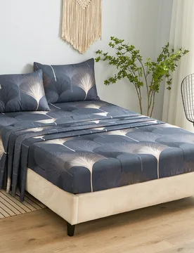 Juego de ropa de cama de 4 piezas con patrón floral de hoja de ginkgo azul marino, juego de ropa de cama suave y fácil de cuidar, juego de sábanas - Shein - FashionsVida