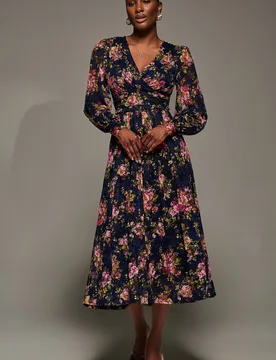 Women's Long Sleeve Printed Lace Maxi Dress in Navy Size: 20 - Navy - Size: 20 - Jolie Moi - FashionsVida