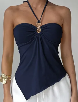 Top de tirantes finos con decoración metálica y bajo asimétrico para mujer, ideal para verano, vacaciones y playa XXS - Shein - FashionsVida