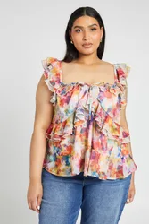 Womens Plus Tie Front Ruffle Cami Top - Pink