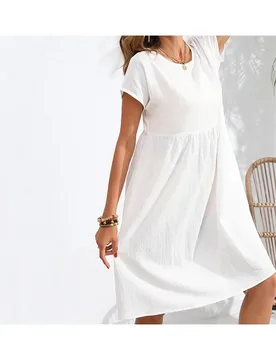 Fashion Summer Temperament Cotton and Linen Crew Neck A-shaped Skirt Pocket Dress - Aliexpress - FashionsVida