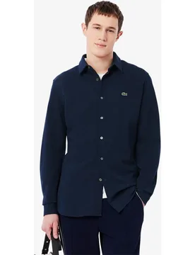 Camisa de hombre de piqué de algodón de corte ajustado en negro de manga larga - Lacoste - FashionsVida